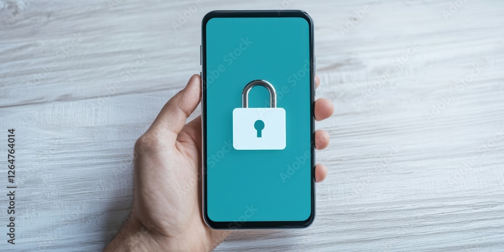 Poster information source privacy concept. smartphone displaying a padlock symbol on a teal background.