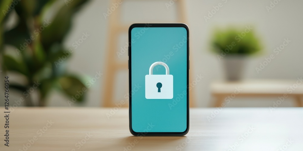 Poster information source privacy concept. smartphone displaying a lock symbol on a turquoise background.