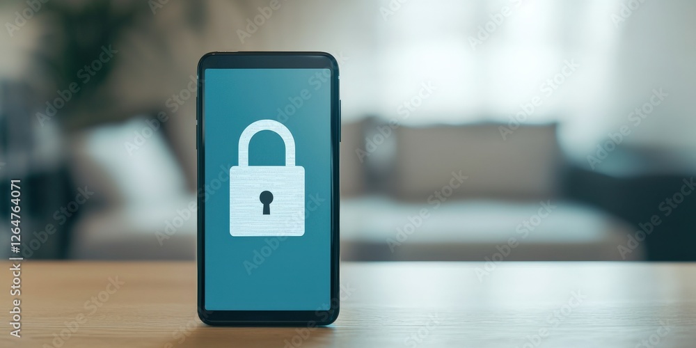 Poster information source privacy concept. smartphone with a lock symbol on the screen, indicating security