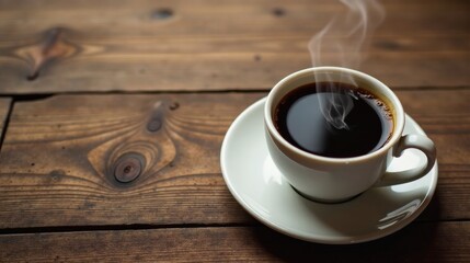 Aromatic Steam Rising from a Cup of Dark Coffee on Rustic Wooden Surface