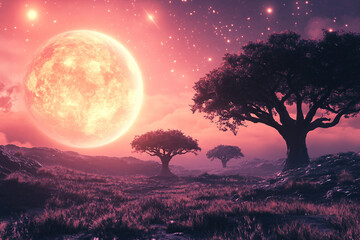 Spectacular extraterrestrial mountain range beneath a glowing celestial planet in a vibrant cosmic sky, generative AI
