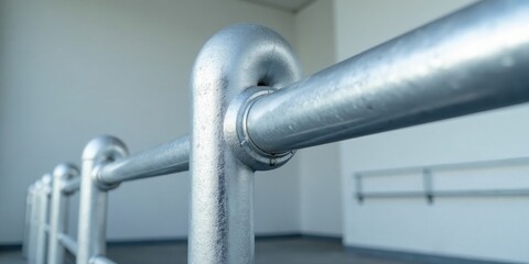 Naklejka premium Close-up view of a metallic handrail system, showcasing its robust construction and sleek design, emphasizing the industrial aesthetic of the metal components and their seamless connection.