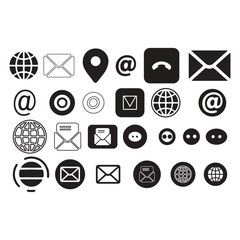 A collection of contact icons that include a globe, a location pin, an envelope, and a phone. The globe and location pin are for worldwide communication and location-based services. The envelope and e