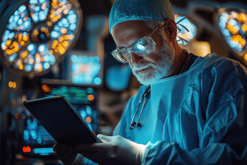 Surgeon reviewing patient data on a tablet while preparing for surgery in a well-equipped operating room