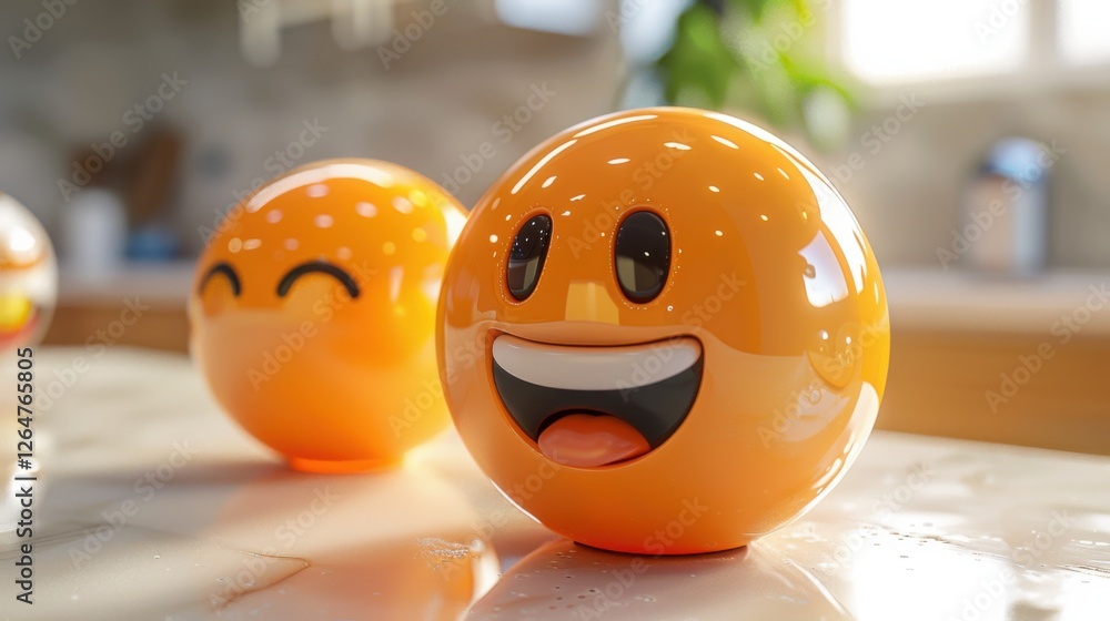 Fototapete 3D realistic emoji from an elevated and diagonal perspective, capturing detailed textures and expressions on a white background