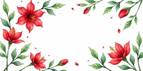 Vibrant Red Hibiscus Flowers Frame, Ideal for Invitations, Cards, and Elegant Designs with Delicate Petals and Lush Green Foliage