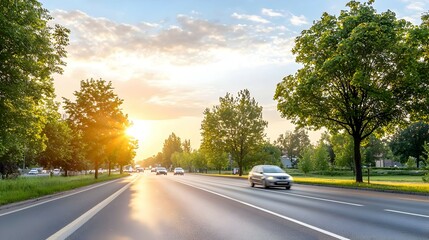 Fototapeta premium Sunset Highway Landscape with Cars and Lush Green Trees