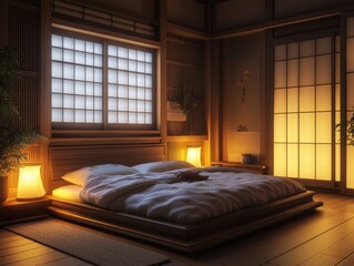 Obraz premium Japanese style bedroom with tatami mats and shoji screens