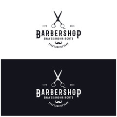 Barbershop logo vintage, retro, haircut, shaving, with scissors, shaving pole, comb, razor. for business, emblems, labels, barber shops, badges.