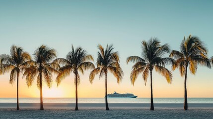 Serene sunset over a calm ocean with silhouetted palm trees and a cruise ship in the distance