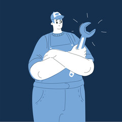 Cartoon vector illustration of a man standing with a large wrench, symbolizing problem-solving, repair, and the power to fix challenges over dark background