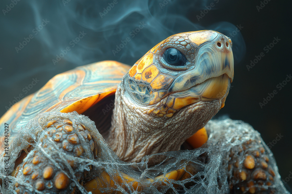 Poster turtle entangled in web, showcasing striking patterns and colors while surrounded by a mystical back