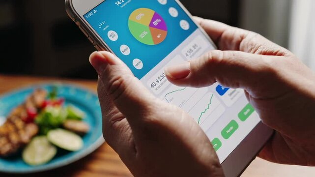 Close up slow motion montage of a nutritionist using a smartphone app to track calories and macronutrients, with a healthy meal in the background