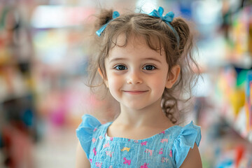 Fototapeta premium Smiling Child Teen Baby Exploring Colorful Toy Store Aisles full shelves, Generative AI