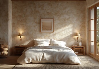 Sunlit Bedroom with Linen Bedding and Textured Walls