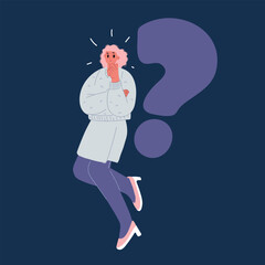 Cartoon vector illustration of a woman floating with a question mark, symbolizing deep thought, curiosity, and contemplation over dark background