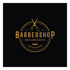 Barbershop logo vintage, retro, haircut, shaving, with scissors, shaving pole, comb, razor. for business, emblems, labels, barber shops, badges.