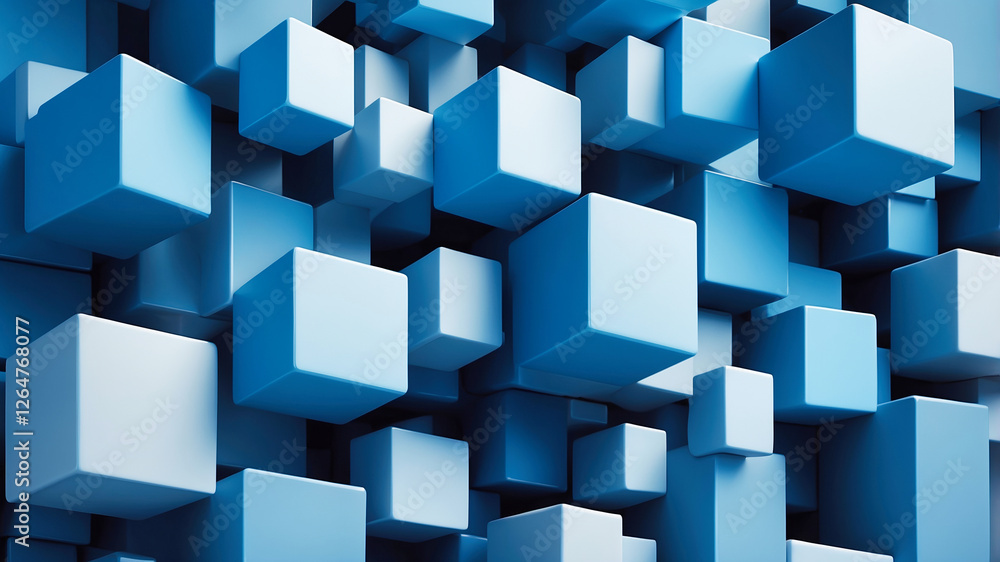 Poster abstract technology composition of a cluster of three-dimensional cubes in varying shades of blue