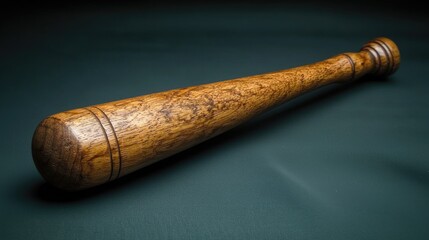 Fototapeta premium Close-up view of a handcrafted wooden bat resting on a textured surface, showcasing its grain and craftsmanship