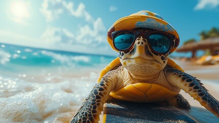 Baby turtle wearing tiny sunglasses and a colorful hat, riding a miniature skateboard on a sunny beach, ocean waves crashing behind, sand shimmering under the bright sun
