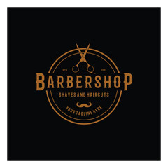 Barbershop logo vintage, retro, haircut, shaving, with scissors, shaving pole, comb, razor. for business, emblems, labels, barber shops, badges.