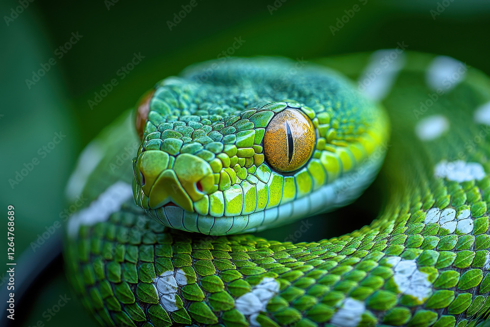 Poster vibrant green tree python resting on foliage in a tranquil rainforest setting during daylight