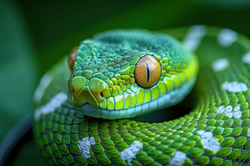 Vibrant green tree python resting on foliage in a tranquil rainforest setting during daylight