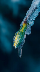 Fototapeta premium A close-up of an ice-covered leaf on the end of a tree branch 