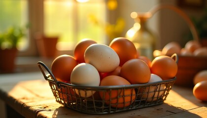 Farm-fresh eggs in wire basket bathed in soft sunlight, conveying rustic charm and culinary potential, with a window view in the background.