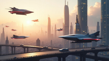 Futuristic flying vehicles over a cityscape with modern architecture