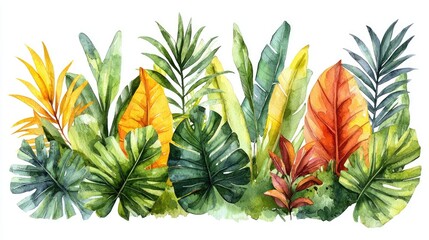 Vibrant watercolor illustration of tropical leaves showcasing diverse foliage in a lush setting