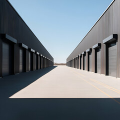 A modern and minimalistic view of a storage facility. Slim lines and industrial design dominate the landscape, suggesting organization and functionality under a clear blue sky.