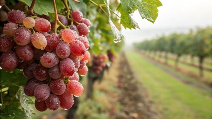 Fototapeta premium Vineyard Bounty: A close-up of a ripe bunch of red grapes glistening with raindrops, hanging from a vine in a sprawling vineyard. Rows of vines stretch out into the distance.