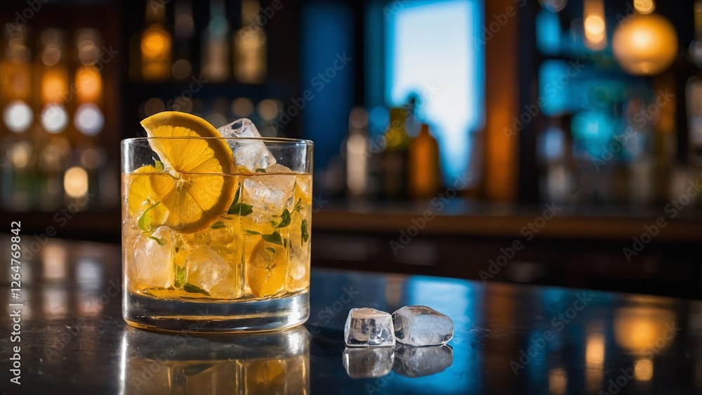 Poster refreshing drink with lemon garnish served in a glass on a bar counter during evening hours in a coz