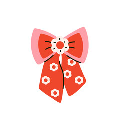 Retro elegant bow knot with daisy cute flowers. Beautiful holiday decorative element, festive present decor. Flat vector illustration. Vintage 1970 inspiration