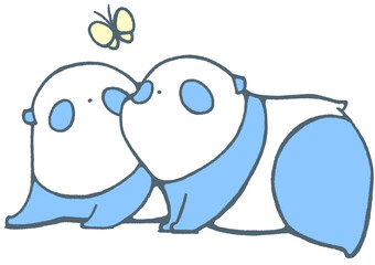 Two panda cubs staring at butterflies (blue)