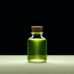 A beautifully crafted glass bottle filled with vibrant green liquid, featuring a wooden cork. The item stands out against a dark backdrop, creating a stunning visual contrast.