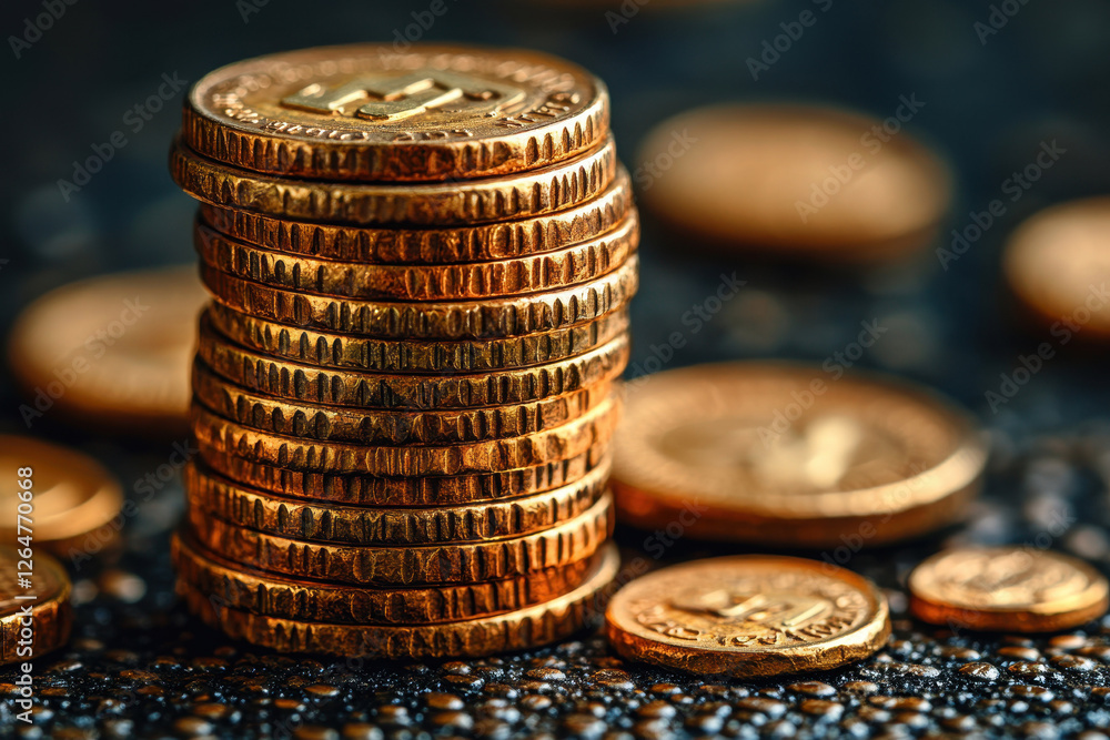 Poster stacks of shiny gold coins arranged on a textured dark surface in a close-up view at a finance-theme