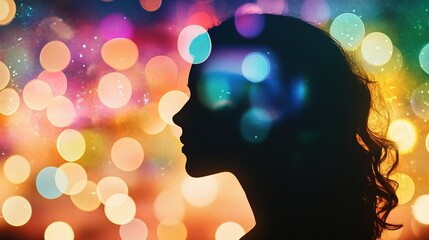 International Day for Biological Diversity, Silhouette of Woman with Colorful Bokeh Background Creating Dreamy Ethereal Atmosphere