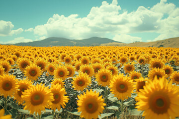 Obraz premium Sunflower field under bright blue sky with clouds in a rural landscape during daytime
