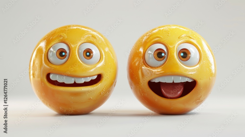 Fototapete 3D realistic emoji from an elevated and diagonal perspective, capturing detailed textures and expressions on a white background