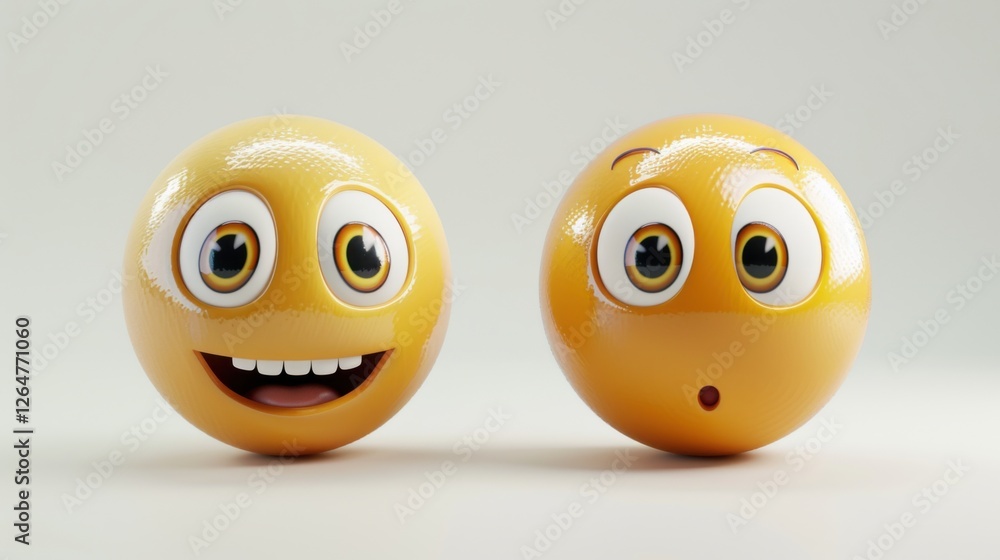 Fototapete 3D realistic emoji from an elevated and diagonal perspective, capturing detailed textures and expressions on a white background