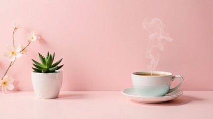 A Serene Morning Pastel Pink Background Featuring a Steaming Cup of Coffee and a Small Succulent Plant in a White Pot, Accompanied by Delicate White Blossoms