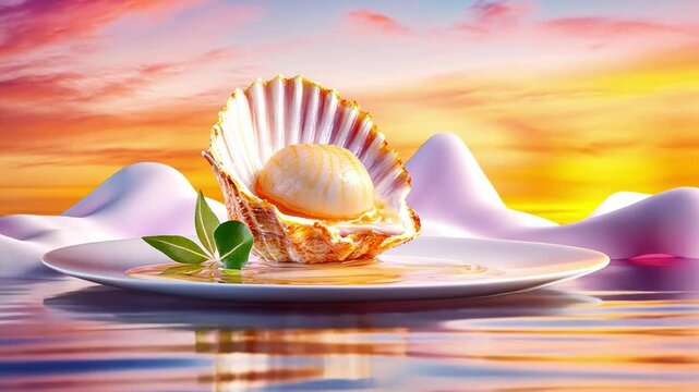 Seashell Treasure at Sunset: A gleaming seashell, meticulously crafted, sits atop a pristine plate, mirroring the warm hues of a breathtaking sunset over the water. The shell holds a pearl.