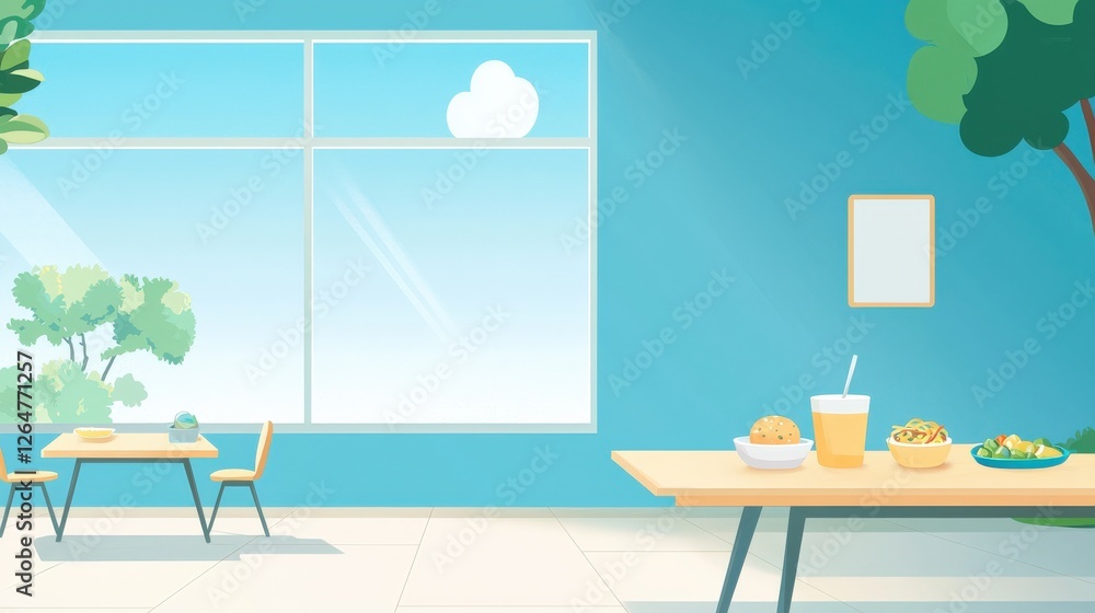 Aufkleber a blue room with a window and a table with food on it. the room is empty and has a simple design