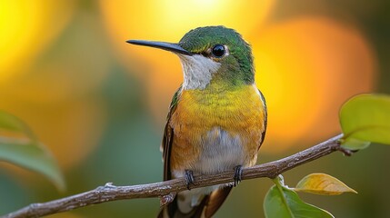 Fototapeta premium Colorful hummingbird perched on a branch with blurred warm background during sunset