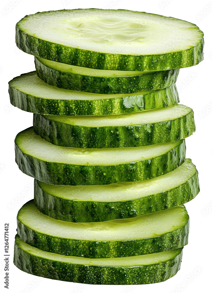 Poster stacked fresh green cucumber slices isolated on transparent background in bright studio lighting