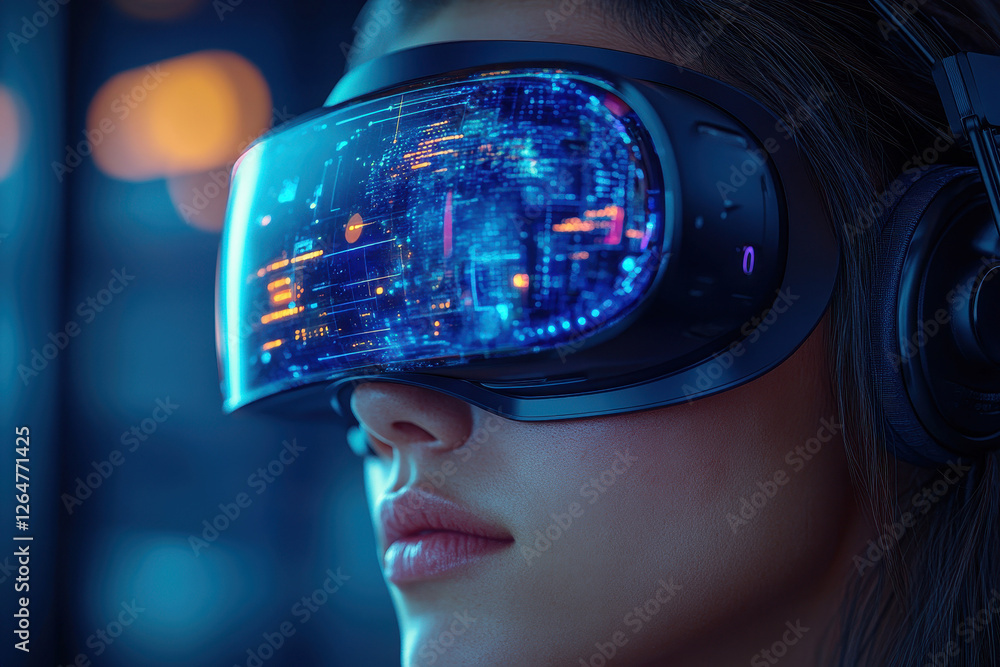 Poster engaging in immersive virtual reality experience at a tech hub during evening hours