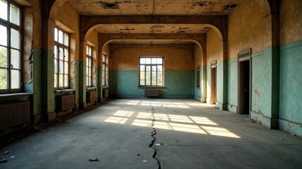 Fototapeta premium Sunlit Ruins of a Forgotten Hallway Decaying Plaster, Weathered Walls, and a Crack in the Floor