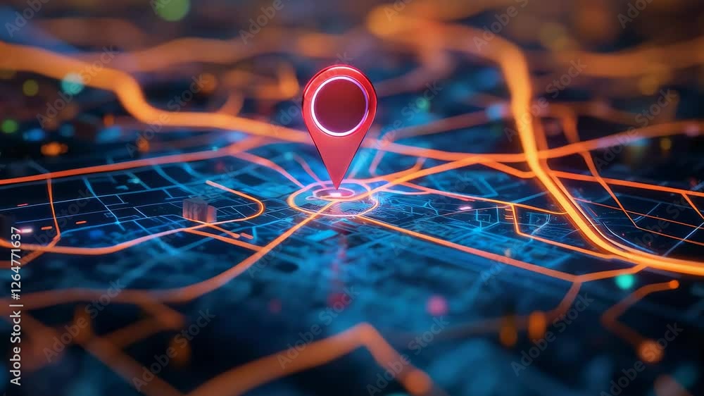 Poster Futuristic city map glowing with navigation elements, featuring red location pin bouncing dynamically against dark digital background highlighting geospatial technology